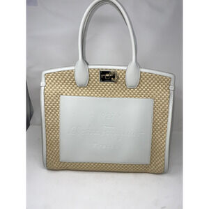 Salvatore Ferragamo Studio Tote Bag - Woven Straw Texture with White Leather Acc